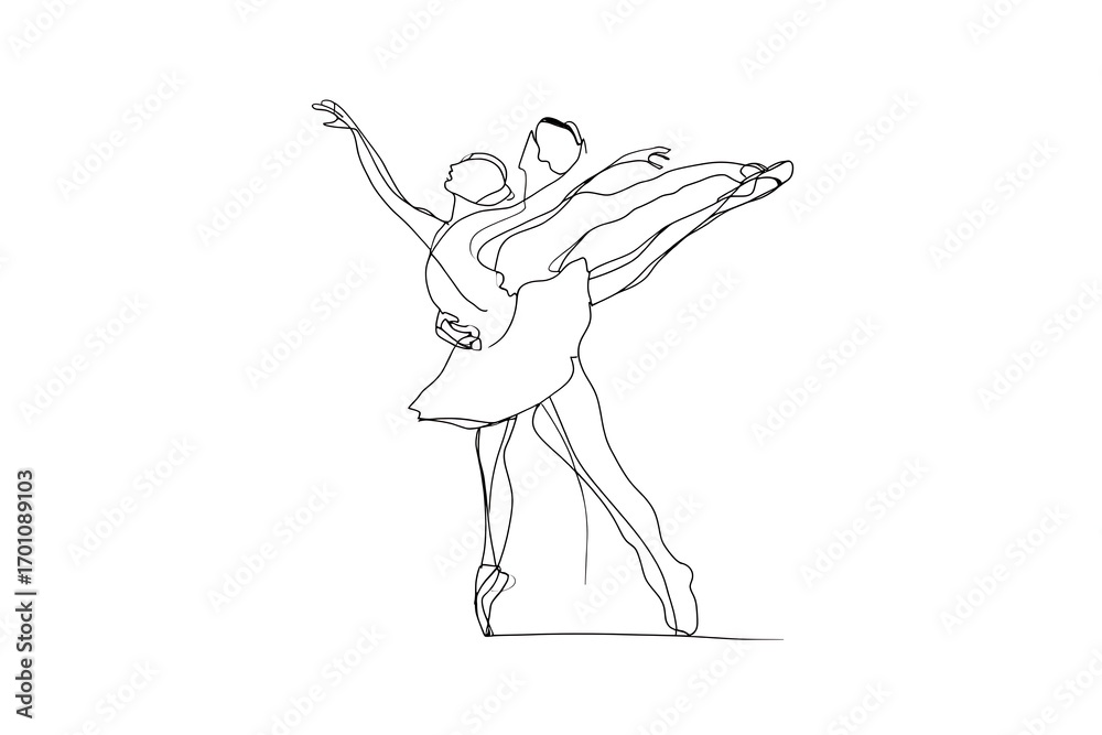 Fototapeta premium Graceful ballet dancers in a dynamic embrace, captured in elegant line art