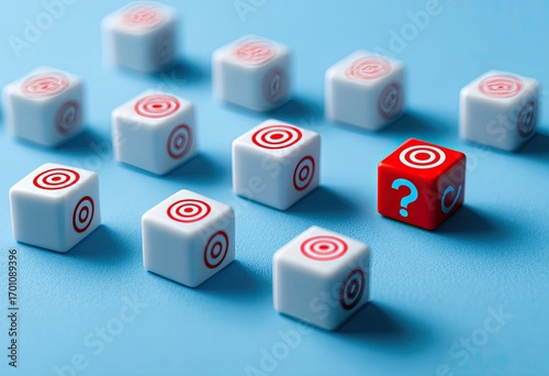 A red cube with a question mark, amidst white cubes with target icons, on a light-blue background