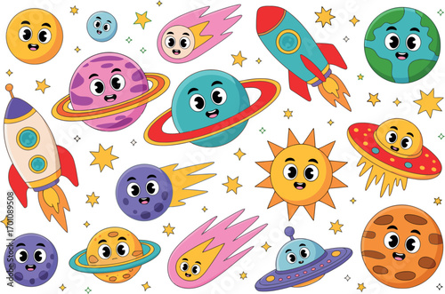 This image features a vibrant collection of cute cartoon space elements, including planets with rings, rockets, stars, comets, UFOs, and a sun, all with friendly faces and expressions. 
