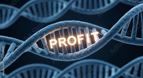 DNA strand highlighting the word 'PROFIT' - A concept of genetic influence on financial gain