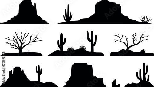 This image features a collection of various desert landscape elements as black silhouettes: different rock formations (mesas, buttes) and several types of cacti and bare trees. 