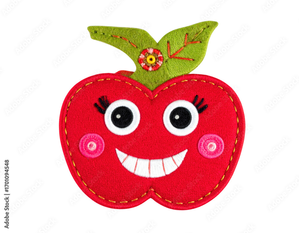 Obraz premium Smiling Red Apple Character with Decorative Leaves and Flower.