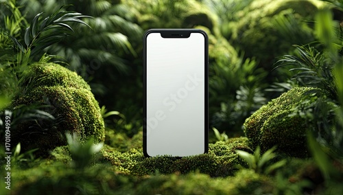 Smartphone nestled in lush, mossy jungle