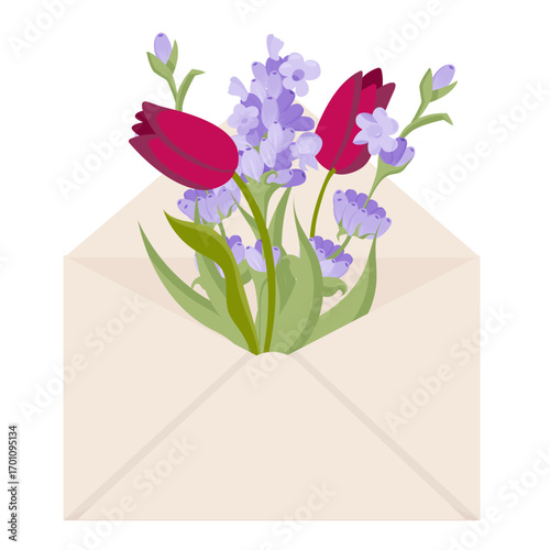 Bouquet of tulips and lovanda in an envelope. Vector illustration isolated on white background.