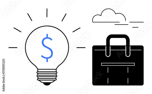 Light bulb with dollar sign beside a briefcase and clouds, representing innovation, business, investment, career growth, entrepreneurship, financial strategy, and creative solutions. Modern simple