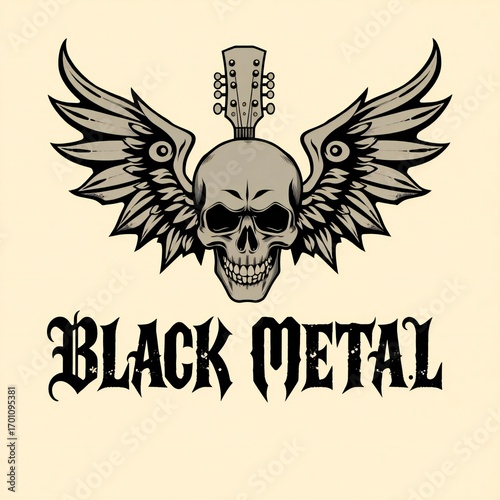 Skull with wings and guitar headstock black metal music symbol