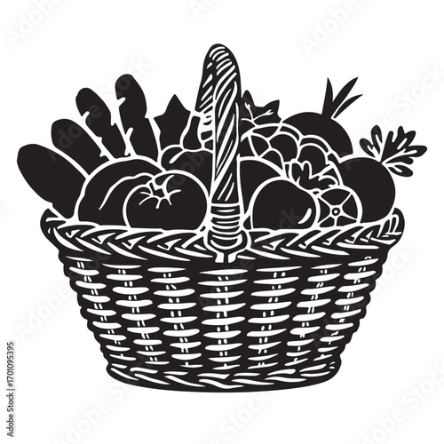 A woven basket overflowing with fresh fruits and vegetables in a black and white illustration