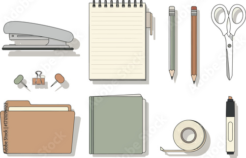 Essential office supplies assortment for planning and organization on a white surface vector