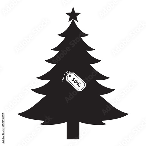 Black silhouette christmas tree with 50 percent off sale tag