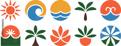 This set features a collection of ten stylized icons representing tropical elements like the sun, ocean waves, and palm trees, rendered in a palette of orange, blue, and green.