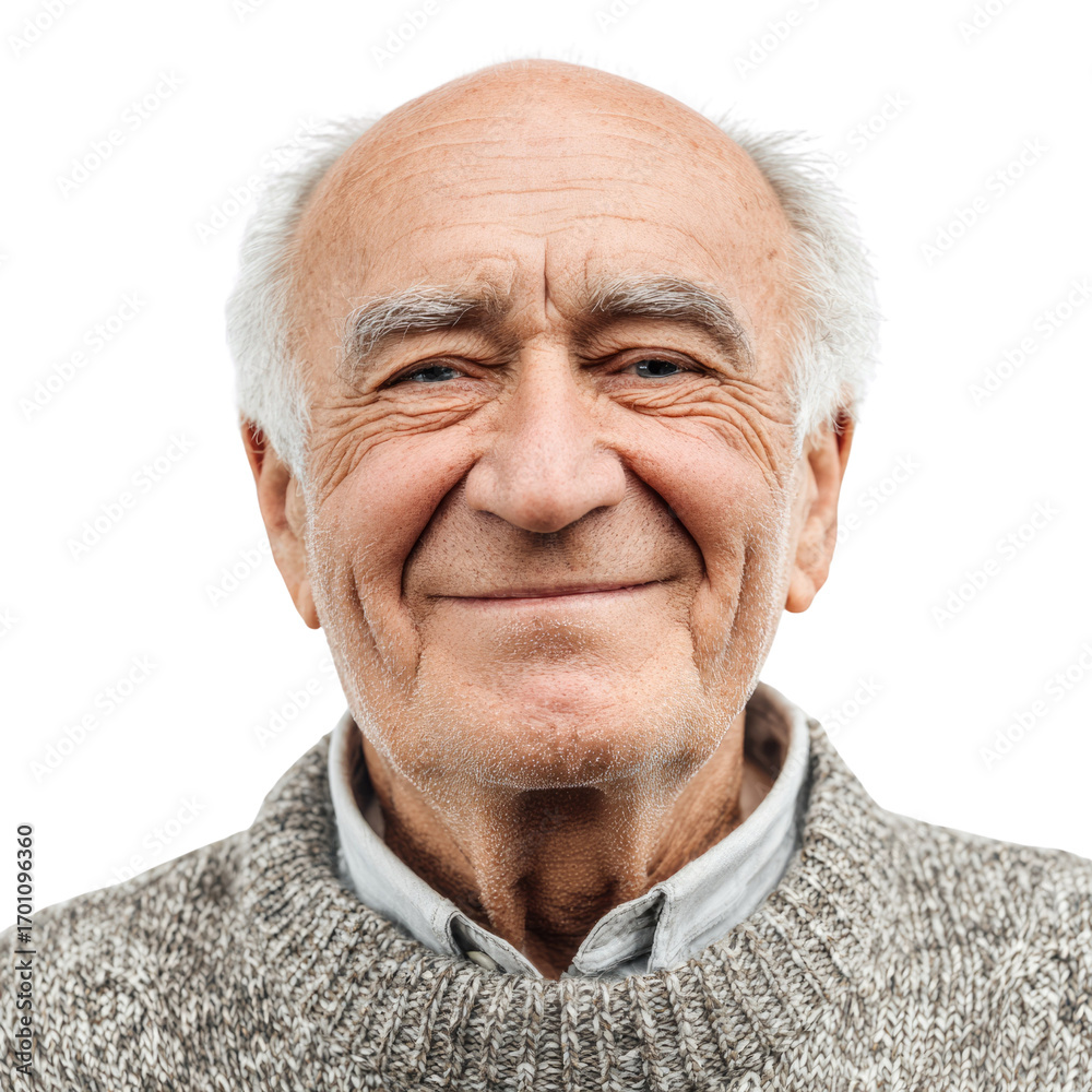 Obraz premium A portrait of a smiling elderly man with white hair and wrinkles, against a transparent background. background removed