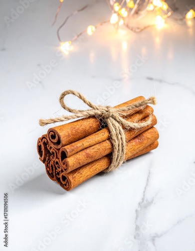 Cinnamon sticks tied with twine on marble