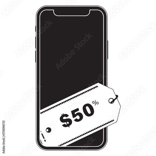 Black smartphone with a fifty dollar price tag icon indicating affordability
