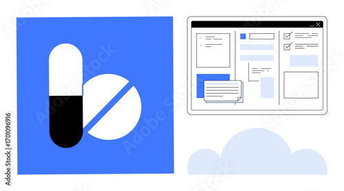 Capsule and tablet next to a digital dashboard with checklists, windows, and cloud element. Ideal for medicine, pharmacy, healthcare, digital tools, innovation data analysis medical solutions. A