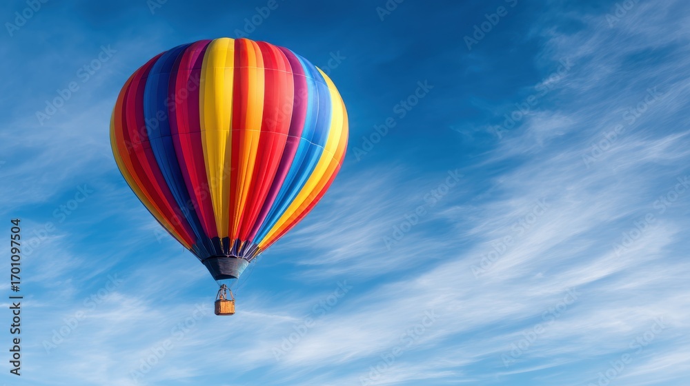 Obraz premium Vibrant hot air balloon soaring through a clear blue sky with wispy clouds in the background