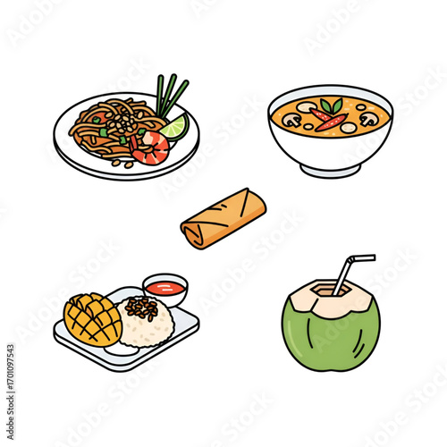 Set of classic Thai food and drink illustrations, featuring Pad Thai, mango sticky rice, and coconut water