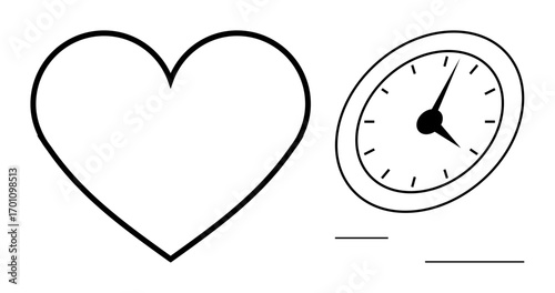Heart shape next to an analog clock suggests themes of love, time, urgency, balance, health, and emotions. Ideal for health, relationships time management self-care and mindfulness concepts. A