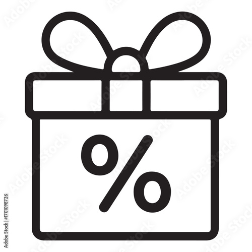 Simple line art icon of a gift box with a percentage symbol and ribbon