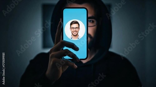 Hooded man concealing identity with a phone displaying a smiling face
