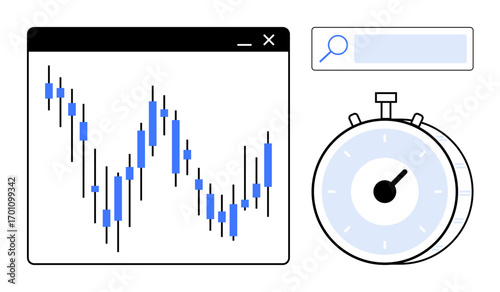 Candlestick chart analysis, stopwatch tracking time, and search bar for information access. Ideal for finance, trading, time management, analytics, planning, productivity simple landing page