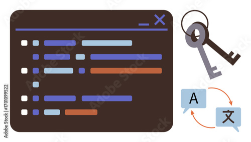 Programming window with colorful lines of code, two keys, and translation bubbles with arrows. Ideal for technology, coding, software, localization, security programming AI themes. Simple flat