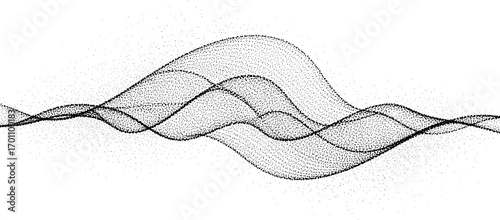 Abstract stipple wave flow in light grain texture and digital spray. Gradation of particles in monochrome background. Vector.	