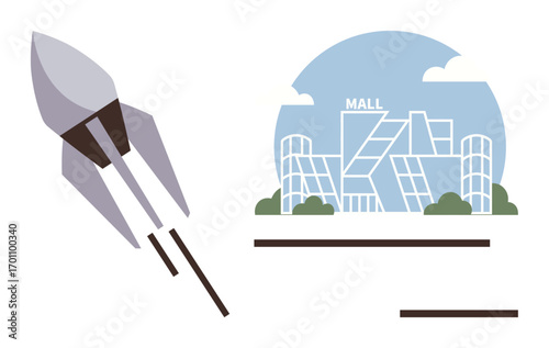 Rocket soaring past a modern mall with geometric architecture, merging technology and urban concepts. Ideal for innovation, future, progress, space travel, urban development, commerce, advanced