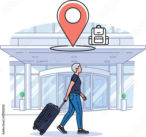 Traveler arriving at hotel destination with luggage and location pin icon vector