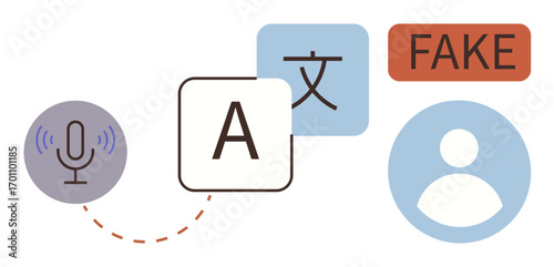 Microphone emitting waves, language translation characters, user profile icon, and fake label for concepts of communication, translation, fraud detection, content validation, and identity analysis