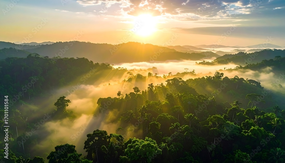 Fototapeta premium Sunrise illuminates a dense rainforest valley, shrouded in a vibrant mist.