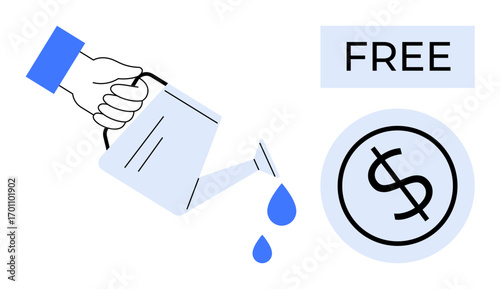 Hand with a watering can pouring water drops toward a dollar coin symbol and Free text. Ideal for investment, growth, finance, opportunity, savings, generosity, sustainability concepts. Simple flat