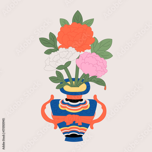Korean traditional folk painting Minhwa Peony and vase vector illustration