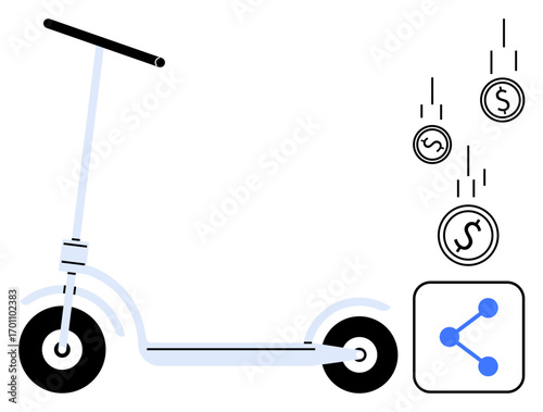 Electric scooter next to falling coins and a share connectivity icon. Ideal for technology, mobility, eco-transport, cost-saving, urban lifestyle, sharing economy, simple landing page