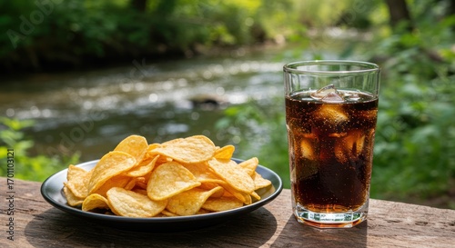 Refreshing scene with a glass of soda and potato chips by a flowing creek outdoors.