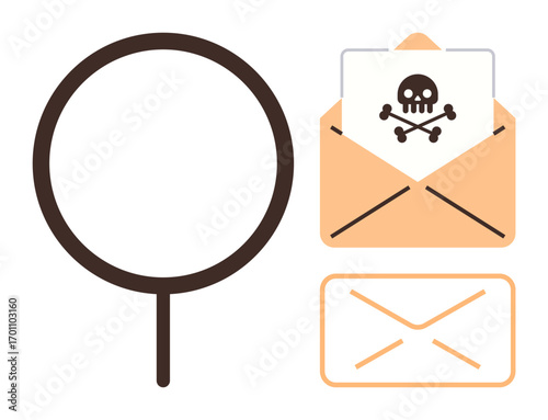 Magnifying glass inspecting envelopes, one containing a skull and crossbones. Ideal for cybersecurity, email scams, phishing, fraud, malware, data protection digital safety themes. Simple flat