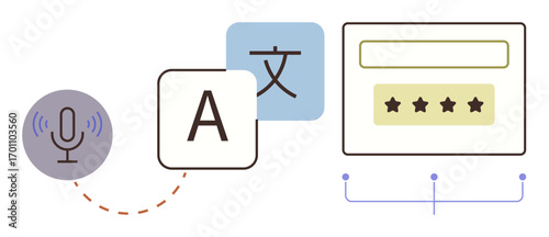 Microphone and alphabet tiles symbolize translation, supported by speech recognition. User feedback system with rating adds a quality assurance element. Ideal for language learning, AI, translation