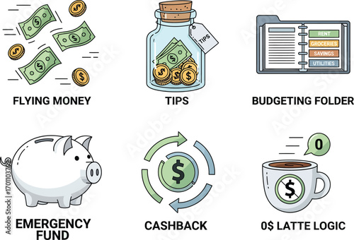 Financial icons set flying money piggy bank budgeting folder tips cashback coffee mug vector