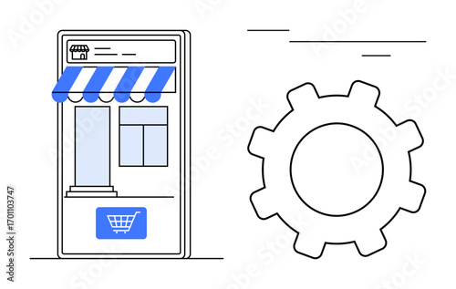 Smartphone display with storefront interface and gear icon representing online shopping, business setup, custom solutions, and digital management. Ideal for e-commerce, retail, startup, optimization