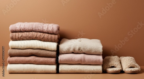 Stacks of folded sweaters and slippers evoke feelings of coziness and relaxation at home.