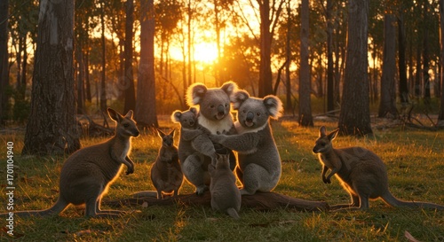 Sunset bathes koalas and kangaroos in golden light within a tranquil forest setting.