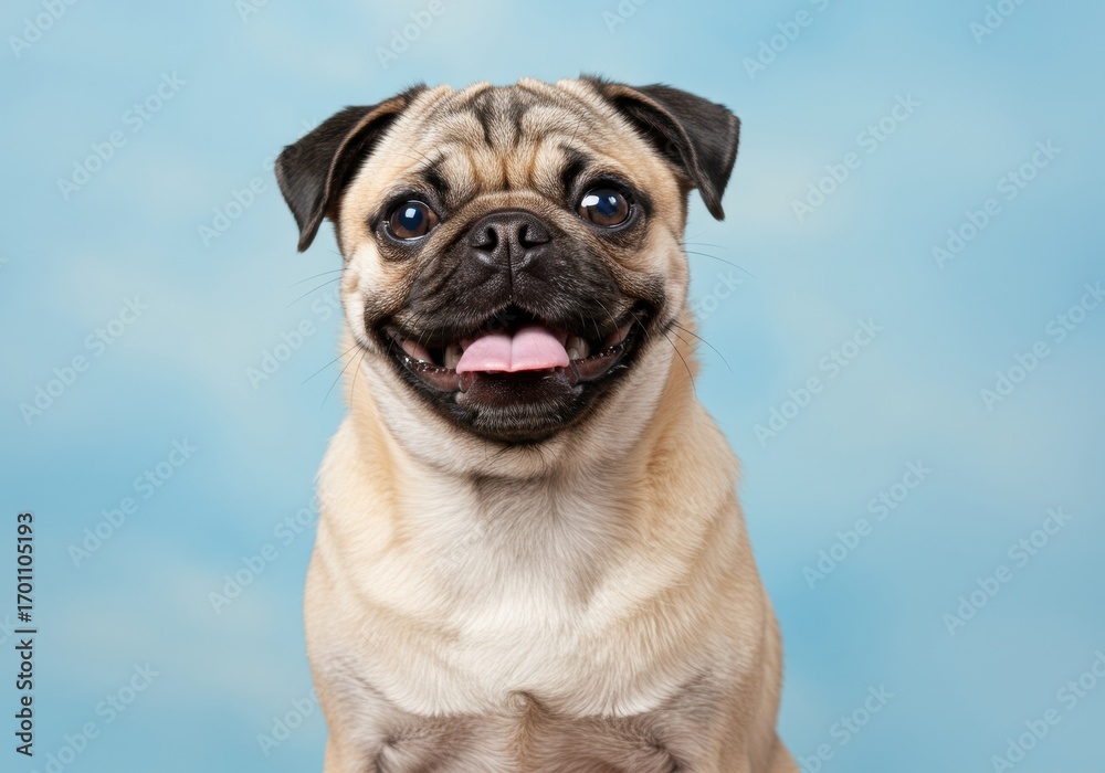 Fototapeta premium Adorable Pug Dog Portrait Against Blue Background