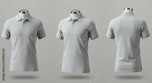 Three views showcase a gray polo shirt on a mannequin with soft, even lighting.