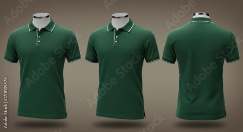 Three views show a dark green polo shirt displayed on a mannequin against a plain background.