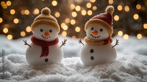Two adorable snowmen, with knitted hats and scarves, stand in the snow, with a warm, festive background of twinkling lights..