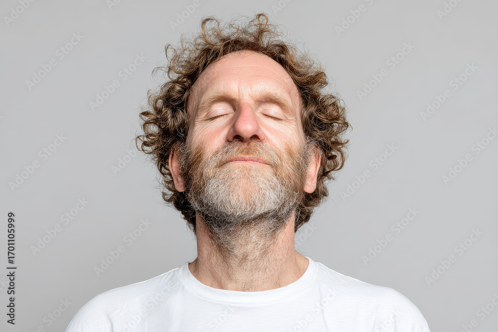 Obraz premium man with tightly pressed lips conveys deep internal pain on clean solid background
