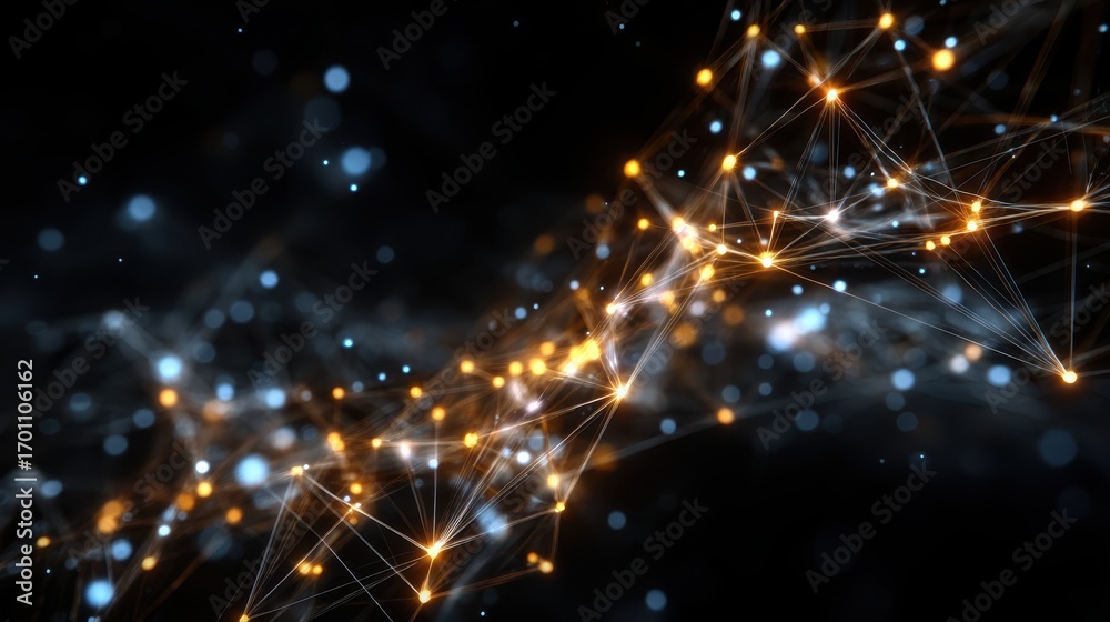 Obraz premium Dynamic network of glowing nodes and interconnected lines creating a mesmerizing visual display in dark space at night