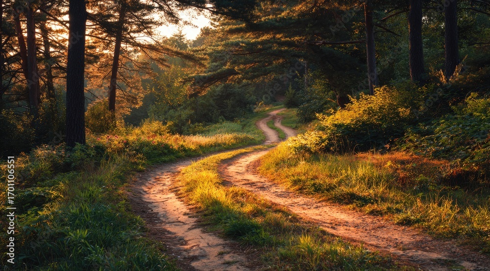 Obraz premium Golden sunlight streams onto a winding forest road. Lush greenery surrounds the path, bathed in warm hues of sunset