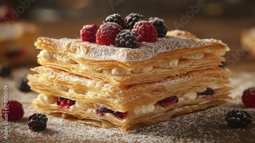 Delicious mille-feuille pastry with fresh berries on top, dusted with powdered sugar.