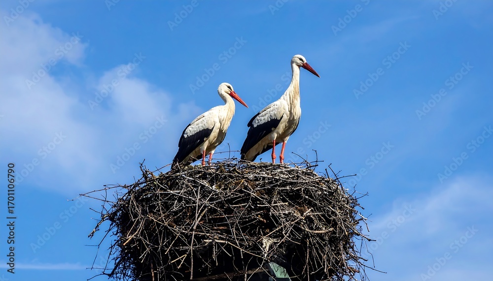 Fototapeta premium Two storks stand proudly atop a substantial nest against a brilliant azure sky.