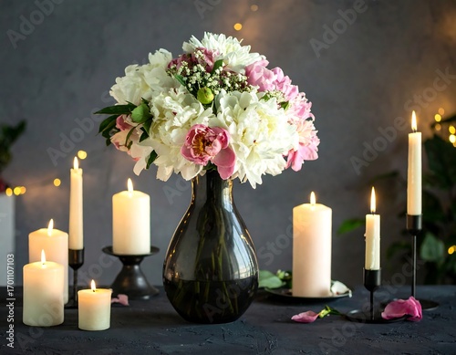 Fototapeta Naklejka Na Ścianę i Meble -  Elegant bouquet of white and pink peonies in a dark vase, surrounded by candles